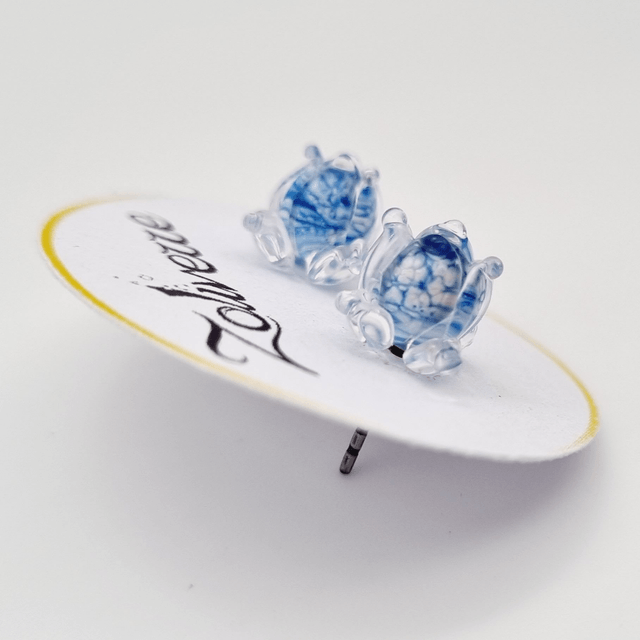 Puces d'oreilles - Clochettes bleues marbrées ivoire